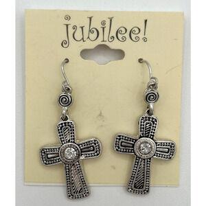 Jubilee! Silver Tone Rhinestone Cross Dangling Earrings SKU PB73